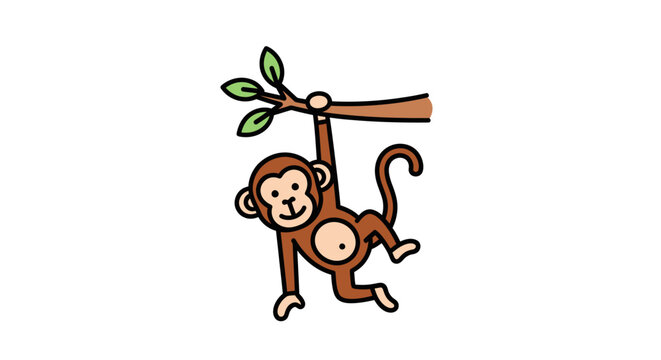Brown monkey hanging from tree branch.