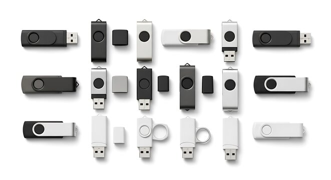 Collection of various black white and silver USB flash drives arranged on a white background in a grid pattern