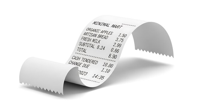 Curled thermal receipt showing groceries purchased and the total cost of transaction