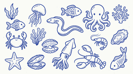 A charming collection of hand-drawn blue line art illustrations depicting various marine life and underwater elements, presented on a white background. © zainab