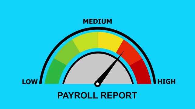 A video showcasing a payroll report gauge with a medium risk level indicating a stable financial situation in a business setting