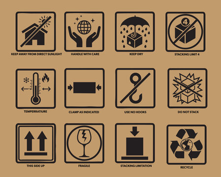Comprehensive Vector Set of Cargo Handling Instructions and Shipping Packaging Symbols with Text Labels