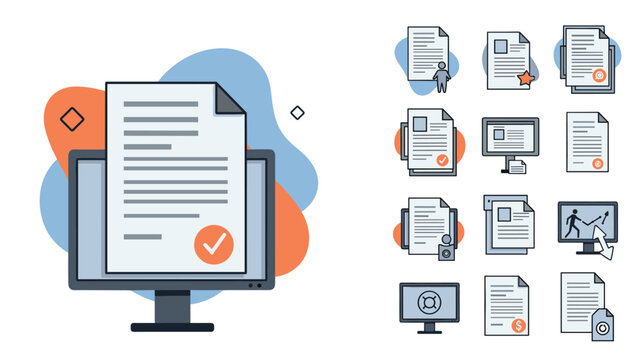 Digital document management and approval system concept with checked files on a computer monitor and various icon sets.