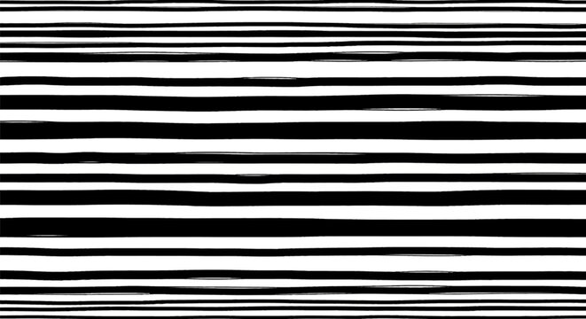 Seamless background with hand-drawn horizontal black stripes of varying thickness on a white backdrop. Artistic brush stroke texture with irregular ink lines and minimalist design.