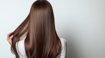 Naklejka premium Beautiful model girl with Brown hair strand,silky healthy chestnut wavy hair strand,hair wavy ribbon, with smooth,Keratin straightening,Treatment,straight long hair,procedures,Smooth hairstyle.