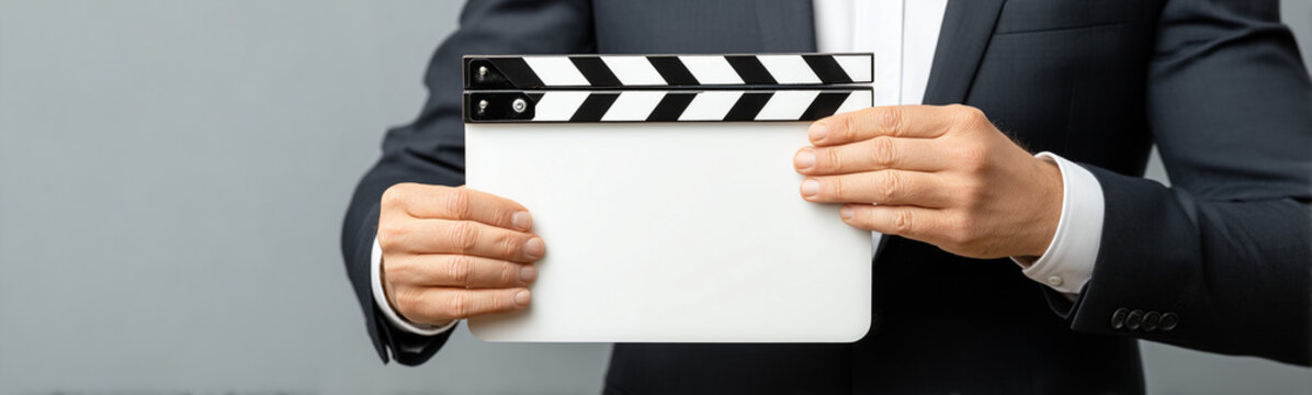 Cinema's Slate: A professional person in a formal suit delicately holds a classic film clapperboard, symbolizing the start of the filming process in the movie industry.