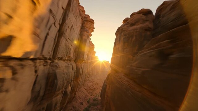 Wingsuit style POV gliding between towering canyon walls in glowing golden sunset light fast