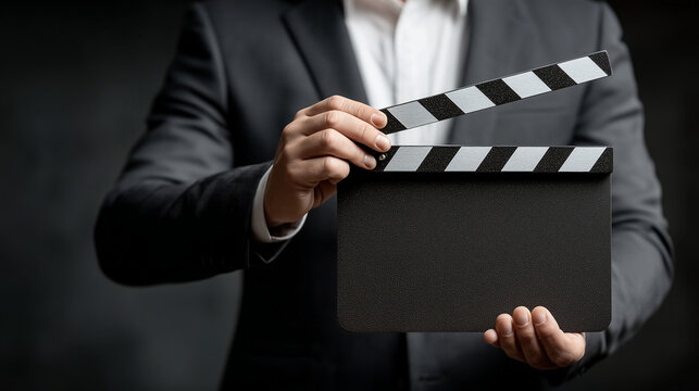 Lights, Camera, Action!🎬: A man, elegantly clad in a suit, poised with a clapboard, ready to bring stories to life. capturing the essence of filmmaking and production. 