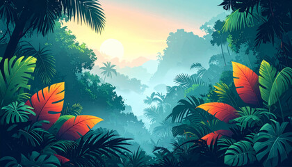 Obraz premium Bright tropical jungle, yellow foliage, scenic beauty. Lush greenery, bright yellow leaves, tranquil jungle. Exotic forest view, vivid leaves, misty tropical scene
