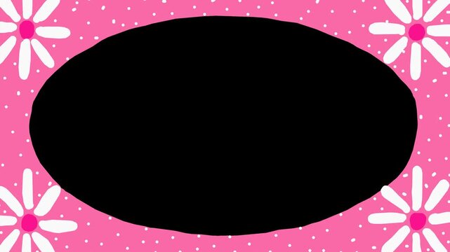 Wiggly hand-drawn white flower bloom dotted pink oval shape frame on transparent background 