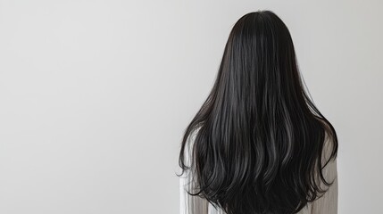 Naklejka premium Beautiful model girl with Brown hair strand,silky healthy chestnut wavy hair strand,hair wavy ribbon, with smooth,Keratin straightening,Treatment,straight long hair,procedures,Smooth hairstyle.