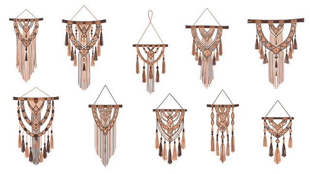Set of ten unique handmade macrame wall hangings with fringes and tassels in traditional bohemian style for home decor.