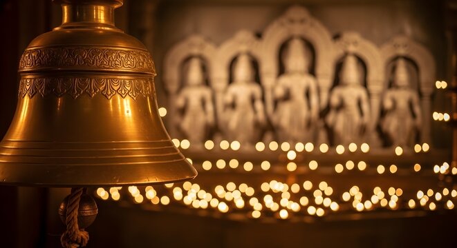 Close up of a golden temple bell with blurred hindu deity statues at prayer