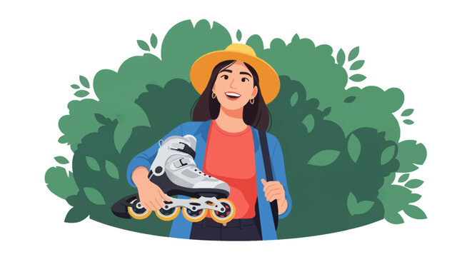 Vector illustration of a smiling young woman wearing a yellow sun hat and blue jacket, holding a single inline skate while standing in front of green leafy bushes outdoors.