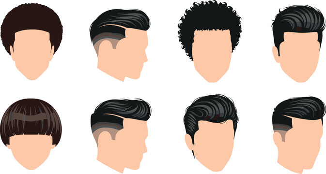 Men&rsquo;s Stylish Haircuts Vector Collection Featuring Curly, Afro, Buzz Cut, and Modern Fade Styles for Creative Design Projects