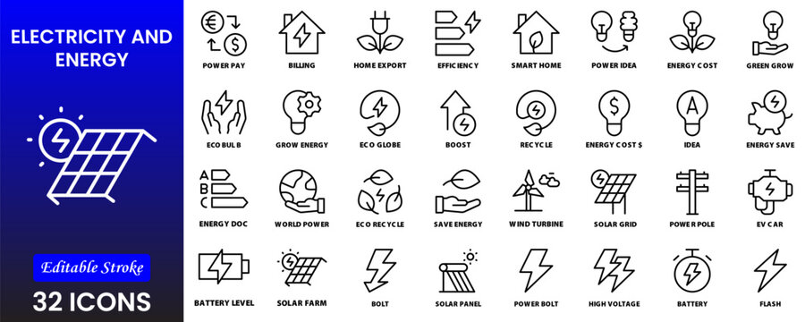 Electricity, electric power line, light, light bulb and electrical equipment.Outline icon collection. Conceptual pictogram and infographic.