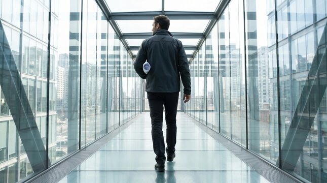 Businessman walking through modern glass skybridge in urban setting.