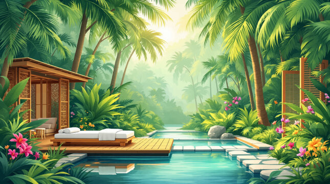 Luxury tropical spa pavilion beside serene lagoon in lush palms. Exotic wellness retreat deck above calm canal amid vibrant foliage. Peaceful resort cabana with floating platform and emerald garden