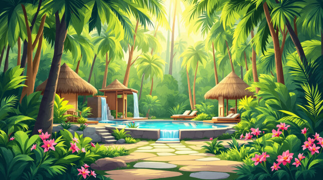 Jungle resort with tranquil pool and cozy cabana for relaxation. Tropical escape with cabanas and scenic pool in a jungle setting. Lush jungle resort with cabanas and relaxing pool area