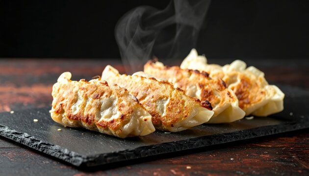 Close up of steaming pan fried dumplings with perfectly browned bottoms on a dark slate plate