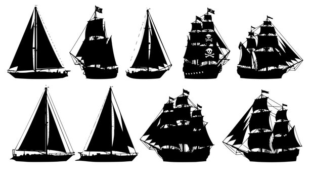 Sailing ship silhouette bundle with sailboat pirate and tall ship icons vector isolated on white background