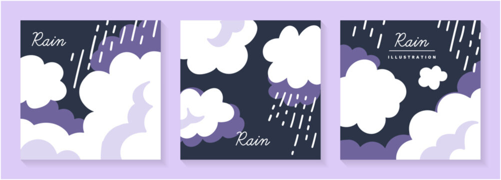 ネイビーとラベンダー配色の雲と雨を組み合わせた手描き風スクエアレインイラスト3点セット