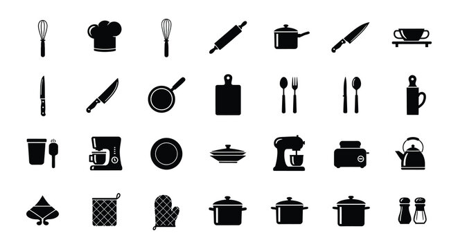 Black and white illustration of various baking ingredients and tools