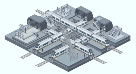 Modern high speed train station with multiple platforms and trains. © Dono