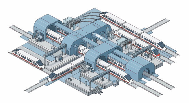 Modern high-speed train station with multiple platforms and trains.