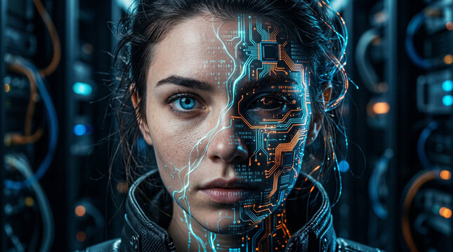 Sucht nach KI. Das KI-Implantat &ndash; Konzeptuelle Nahaufnahme eines Gesichts mitCircuit-Struktur als Symbol f&uuml;r digitale Identit&auml;t, k&uuml;nstliche Intelligenz und technologische Abh&auml;ngigkeit