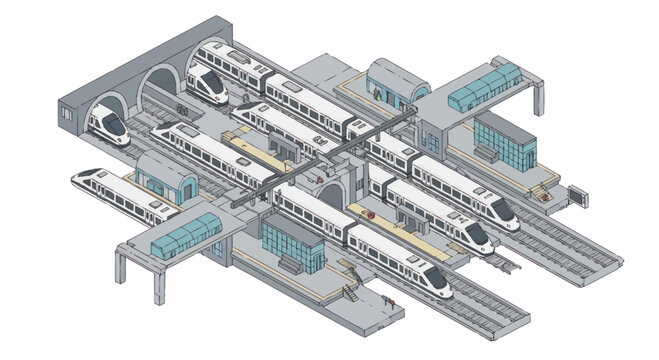 Modern high speed train station with multiple platforms and trains.