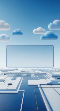 Digital glass display frame floats above a stylized geometric technological surface under a bright blue sky with clouds.