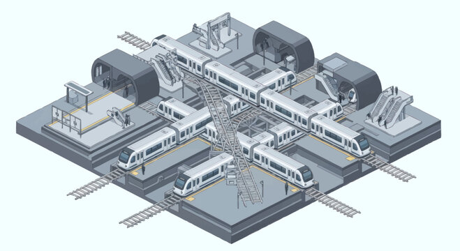 Modern high speed train station with multiple platforms and trains.