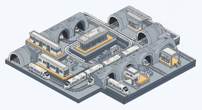 Isometric view of a modern subway station with trains and tunnels.