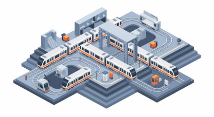 Modern train station with multiple trains on tracks. © Dono