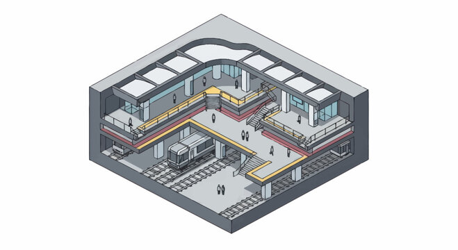 Isometric cross section of a modern shopping mall with people and escalators.