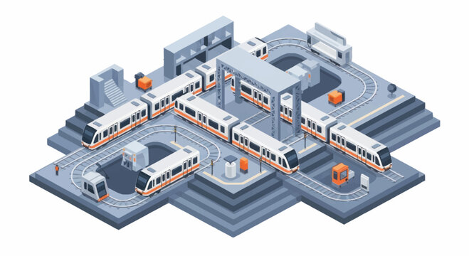 Modern train station with multiple trains on tracks.