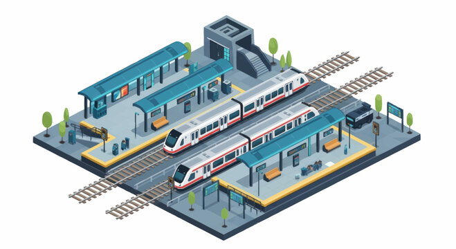 Modern High Speed Train Station with Multiple Platforms and Trains.