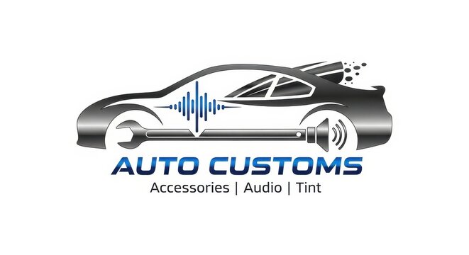 Auto Customs Logo - Car Silhouette with Audio Wave Design.