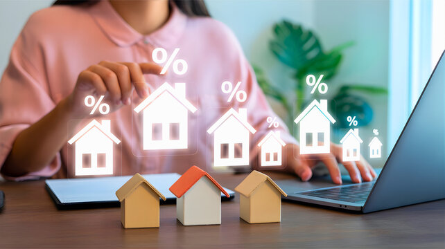 Digital mortgage process Person using laptop with virtual house icons and interest rate symbols representing online loan application and approval