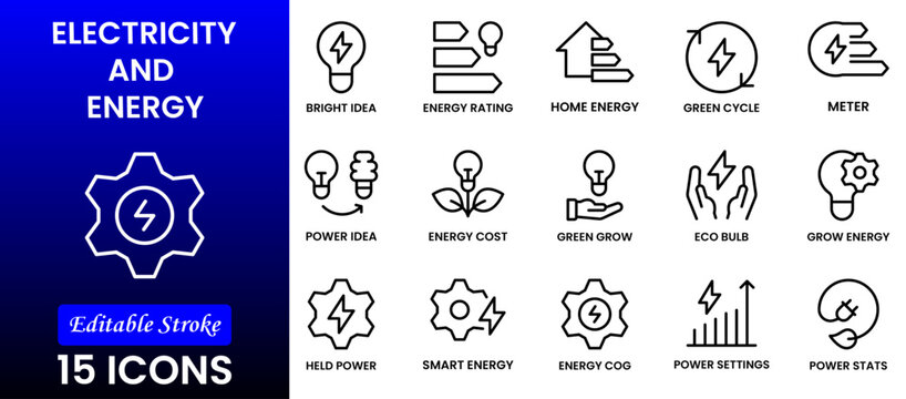 Electricity, electric power line, light, light bulb and electrical equipment.Outline icon collection. Conceptual pictogram and infographic.