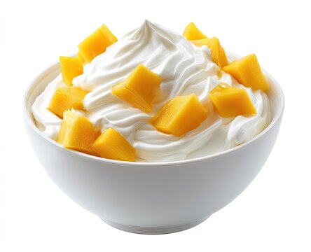 Healthy dessert of creamy yogurt with fresh mango slices