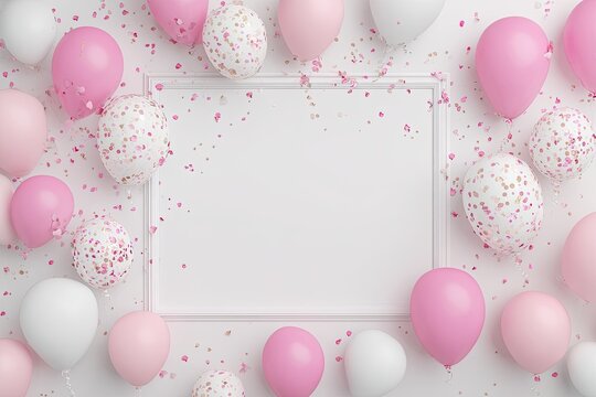 Elegant birthday or party background with balloons, confetti and frame