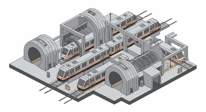 Modern train station with multiple trains and tunnels.