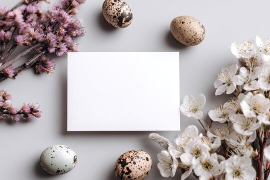Easter eggs and flowers with blank card, top view.