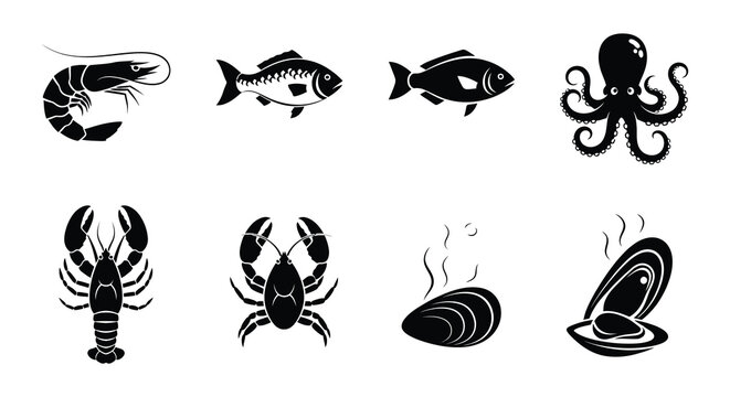 Black silhouettes depicting various seafood including fish crustaceans and shellfish