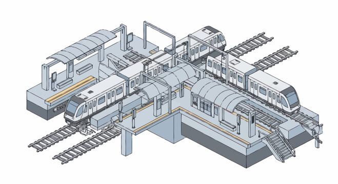 Modern automated metro train station with multiple trains and tracks.