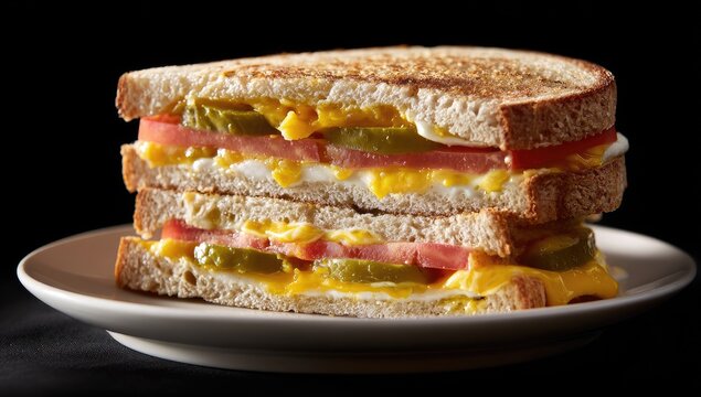 Delicious layered sandwich with tomato, eggs, and pickles