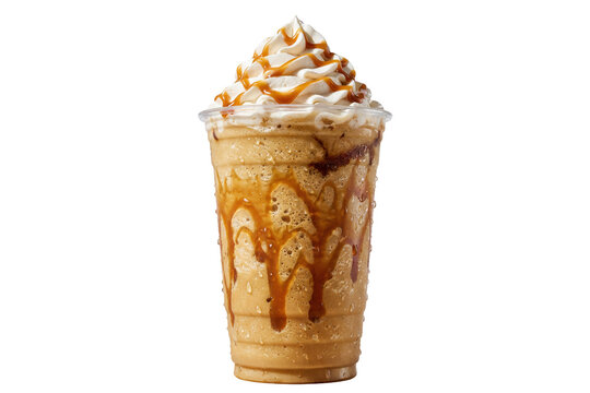 caramel frappe with whipped cream and caramel drizzle in a plastic takeaway cup on transparent background