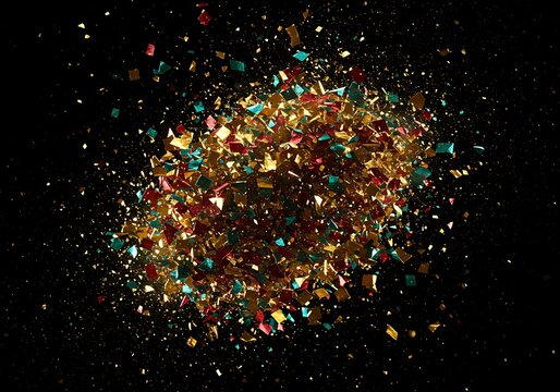 Gold, Teal & Ruby Confetti Explosion: 3D Render
